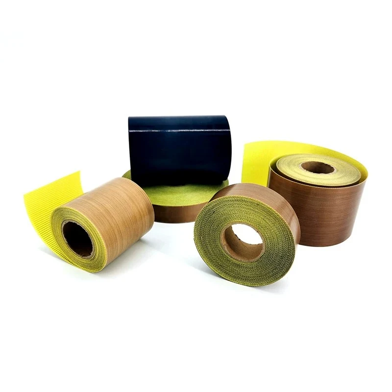 Brown and black adhesive-backed coated fabric tape rolls
