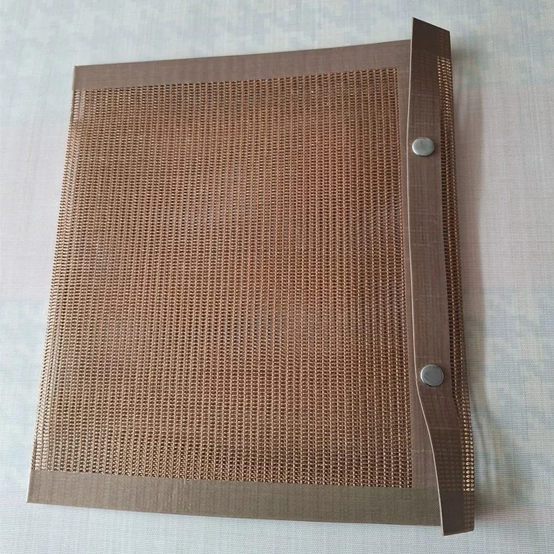 Brown mesh pouch with a reinforced opening and snap closure