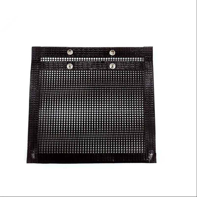 Flat black coated mesh bag with metal snap closures