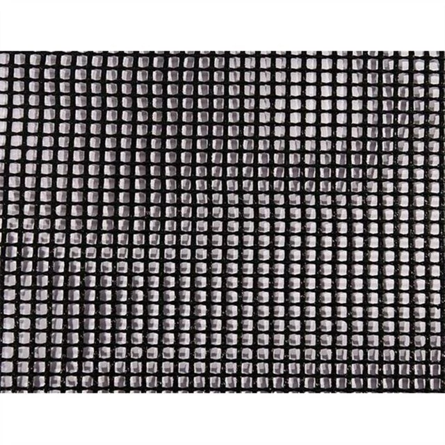 Black PTFE coated open mesh fabric on a white background