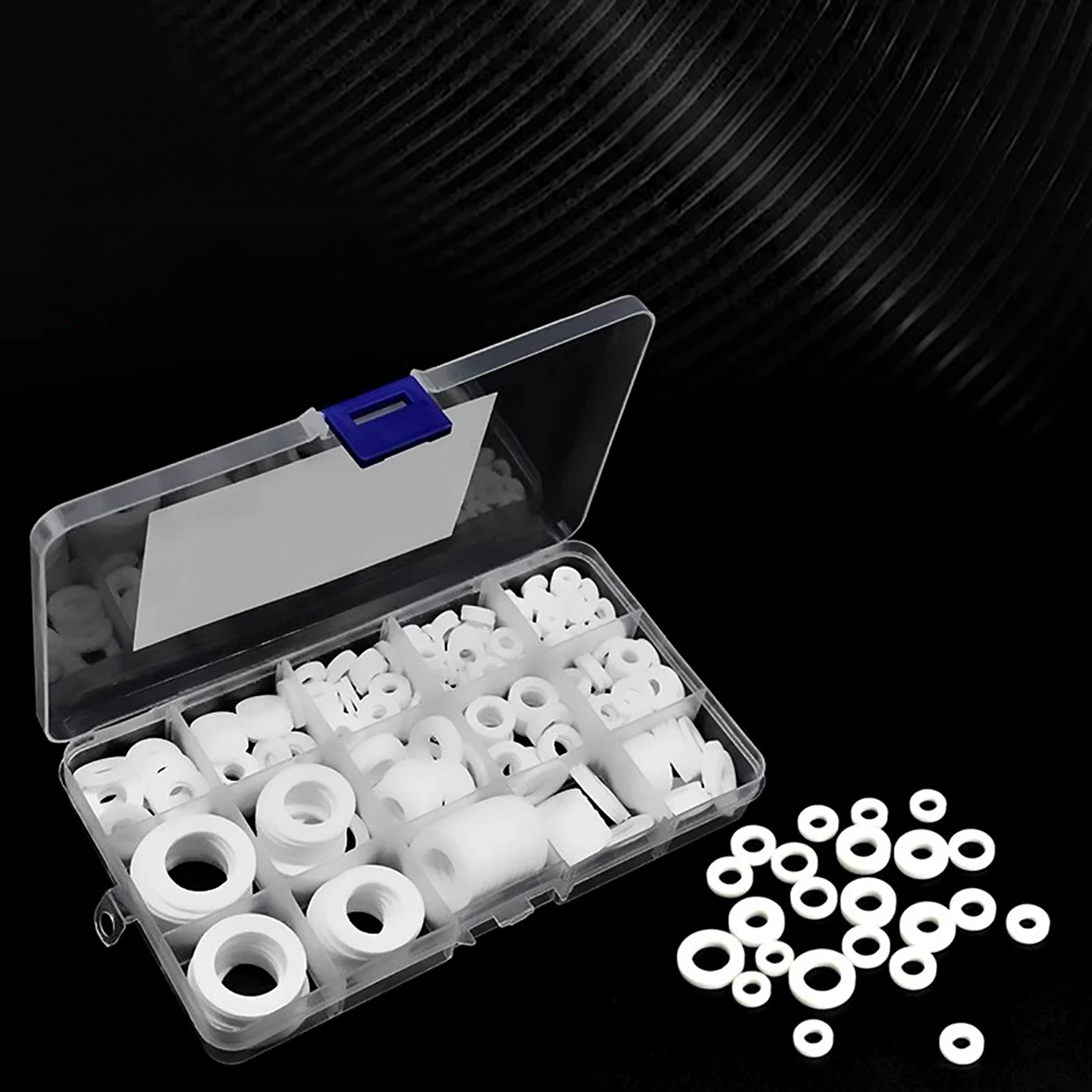 White PTFE sealing washers organized in a clear compartment box