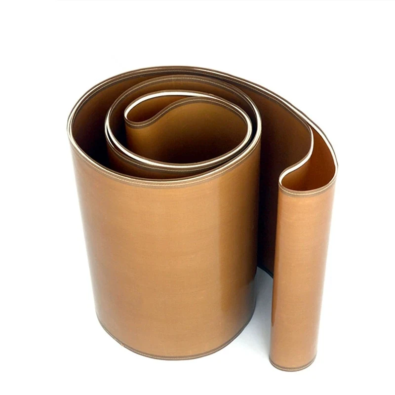 Brown solid-surface PTFE process belt curled on a white background
