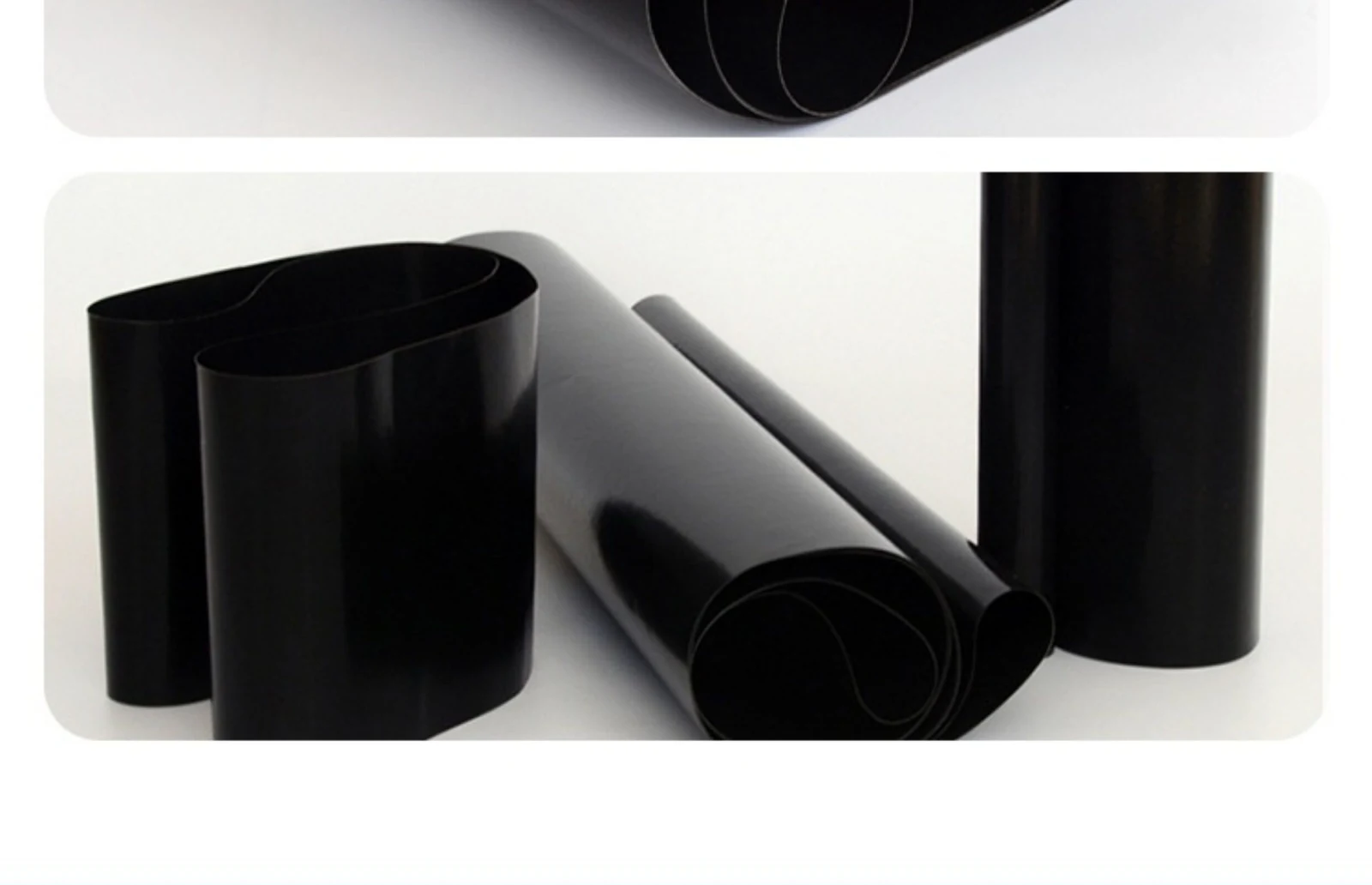 Black fusing belts displayed as loops and curled sections