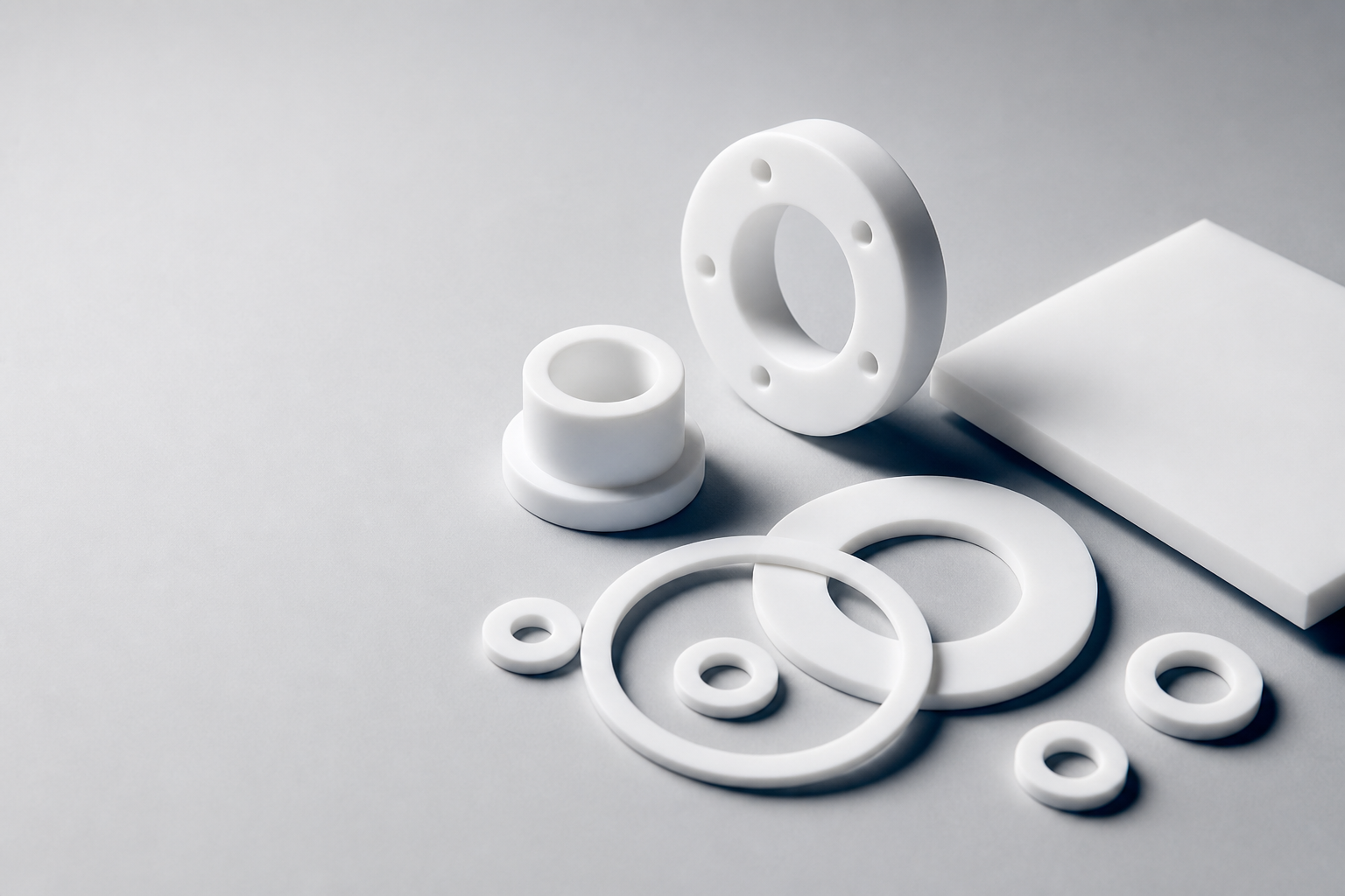 White custom PTFE washers, rings, bushing and sheet sample